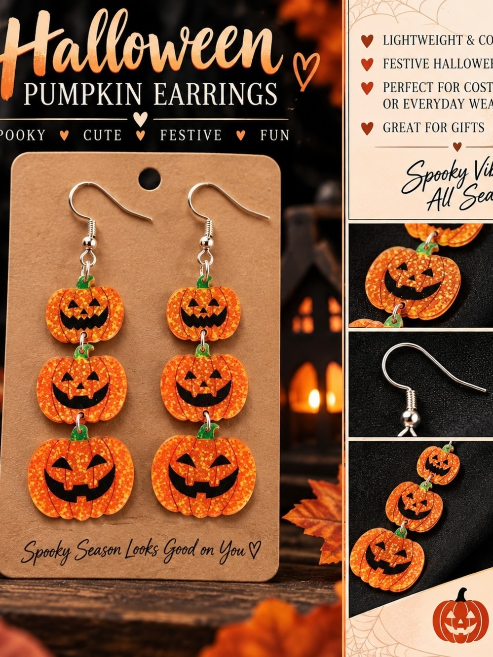 Halloween Pumpkin Dangle Earrings - Orange Jack-O'-Lanterns